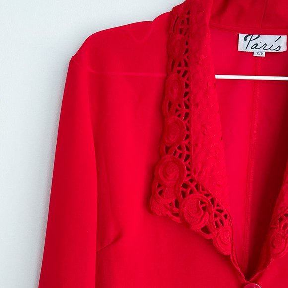 Vintage Paris Red Silky Open Blouse Sheer Plunging Neckline Embroidered Collar S - Picture 2 of 10